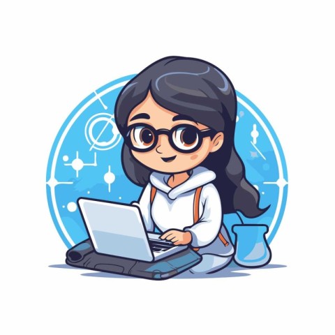 Cute little girl with glasses and laptop. Vector cartoon illustr