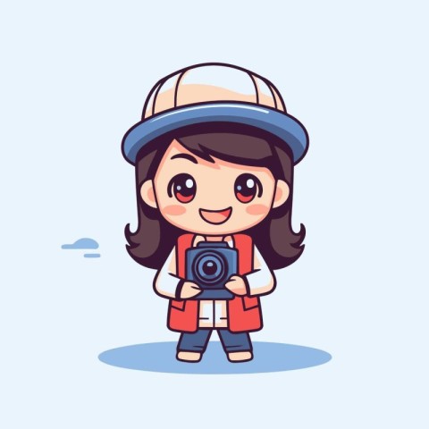 Cute little girl holding camera. Vector cartoon character illust