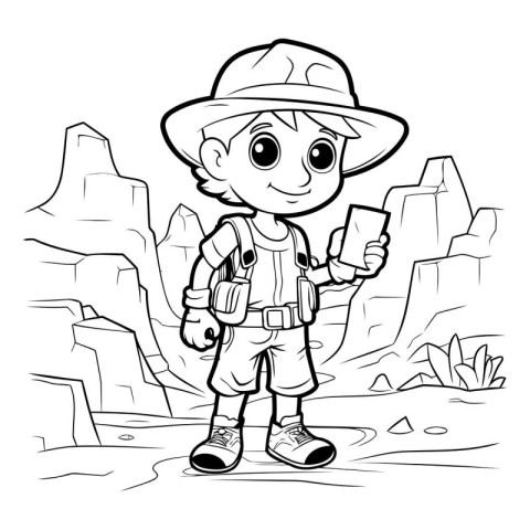 Outline illustration of a boy explorer with a map in his hand