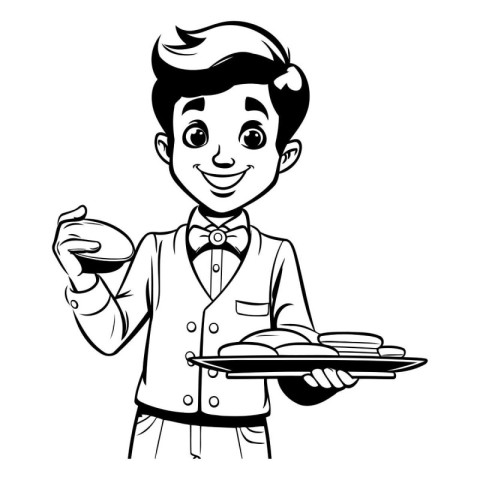 Cartoon image of a young waiter holding a tray of food.