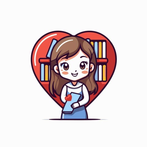 Cute little girl with books and heart. Vector illustration in ca