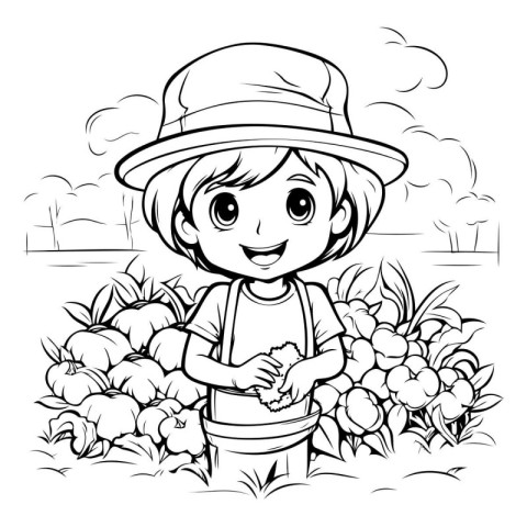 Black and White Cartoon Illustration of Cute Little Boy Farmer i