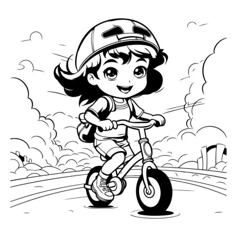 Black and White Cartoon Illustration of Little Girl Riding a Bik