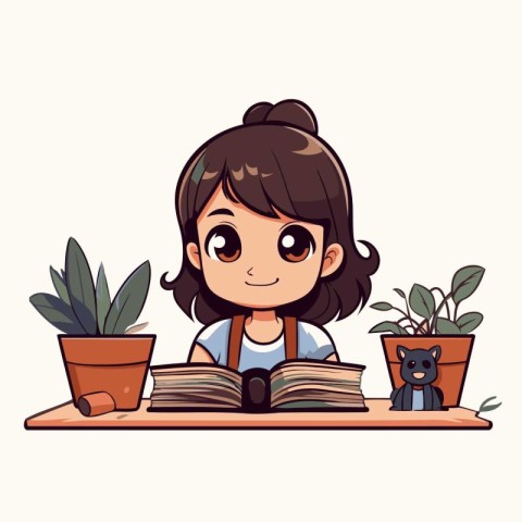 Cute little girl reading a book at home. Vector illustration.