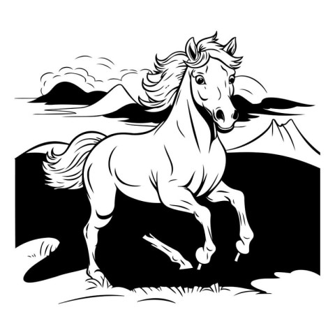 Horse running on the field. Vector illustration in black and whi