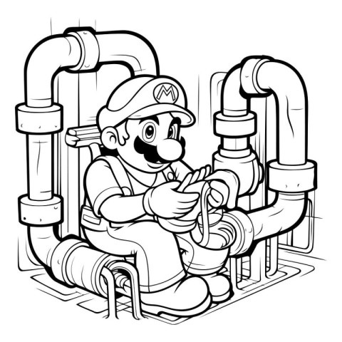 Black and White Cartoon Illustration of a Plumber Fixing a Pipe