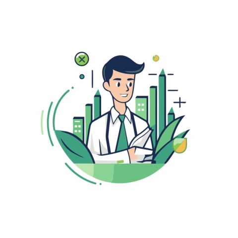 Businessman with documents in his hands. Vector illustration in