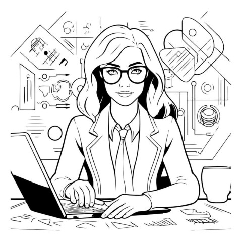 Business woman working on laptop computer in office. black and w