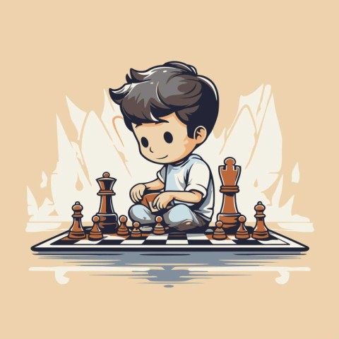 Cartoon boy playing chess. Vector illustration of a boy playing