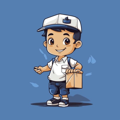 Vector illustration of a boy delivering a package on blue backgr