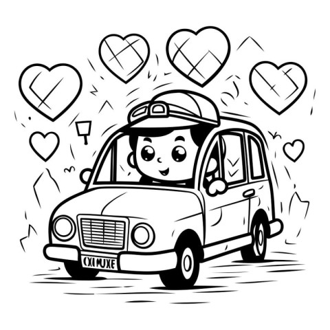 Black and white illustration of a boy driving a car with hearts