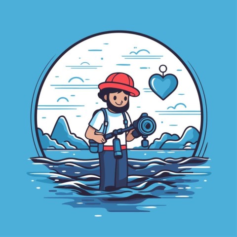 Cartoon man with a fishing rod in the sea. Vector illustration.