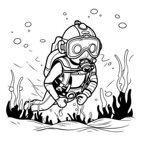 Scuba diver in the sea. black and white vector illustration.