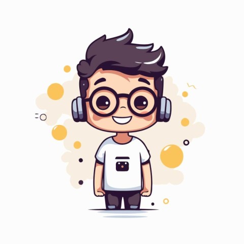 Cute boy with glasses and headphones. Vector illustration in car