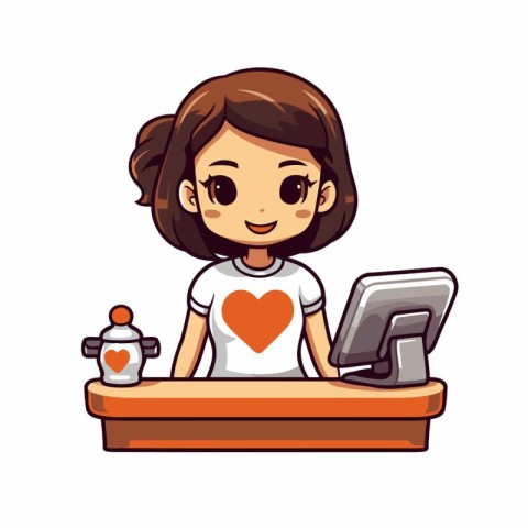 cute little girl with coffee cup and laptop computer vector illu