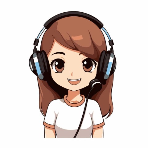 cute girl listening music with headphones over white background.