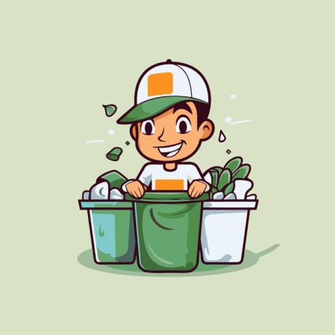 Cleaning Service Man Cleaning Dustbin Cartoon Character Vector I