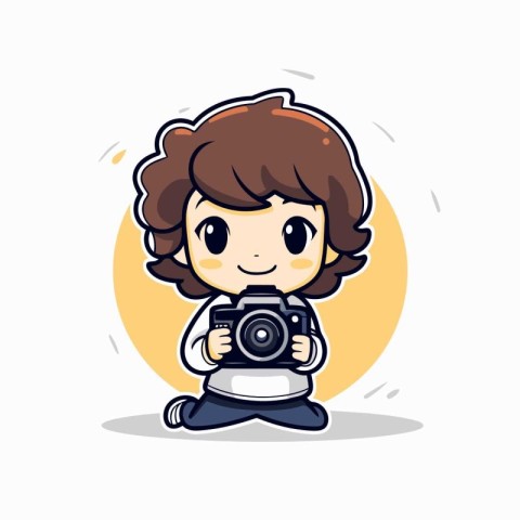 Cute photographer girl holding camera. Cute cartoon vector illus