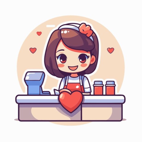 Cute little girl barista at work. cartoon vector illustration.