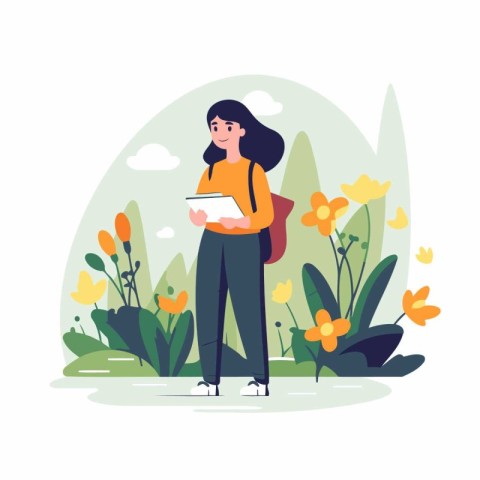 Young woman with backpack and tablet in the park. Vector illustr