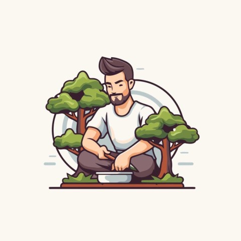 Handsome hipster man sitting in the park. Vector illustration.