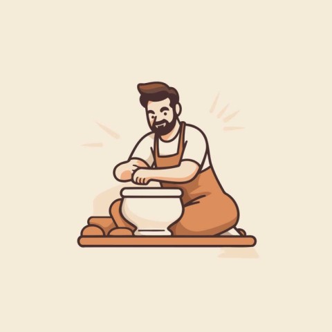 Potter in apron making pottery. Vector illustration in cartoon s