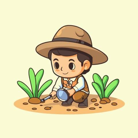 Farmer boy with magnifying glass cartoon vector illustration gra