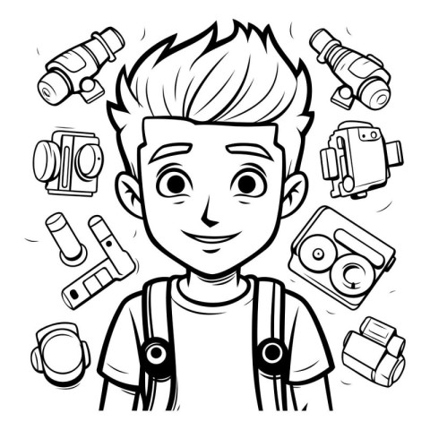 Vector illustration of a boy with a camera set in his hands.