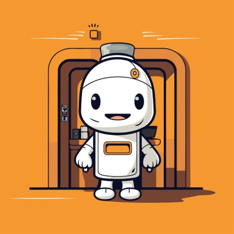 Robot in the elevator. Cartoon character vector illustration on