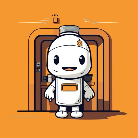 Robot in the elevator. Cartoon character vector illustration on