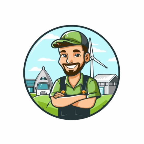 Cartoon farmer with crossed arms in front of farm. Vector illust