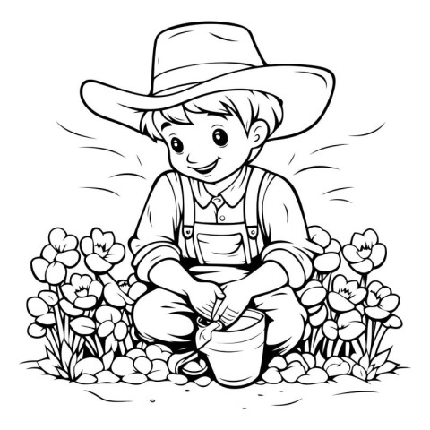 Boy watering flowers - black and white vector illustration for c