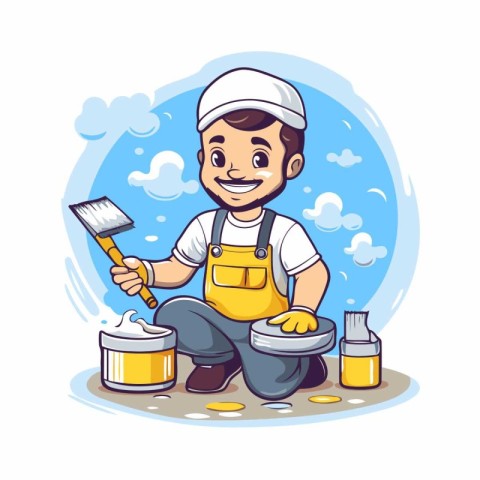 Painter with paint bucket and brush. Vector illustration in cart