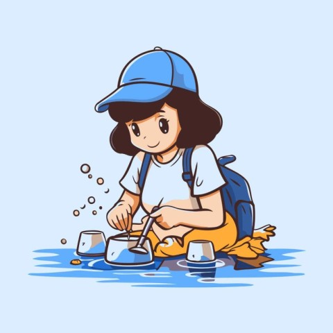 Vector illustration of a cute little girl in a cap brewing coffe