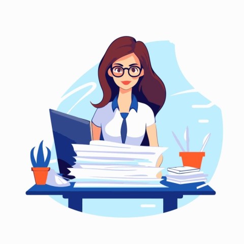 Businesswoman working at office desk. Vector illustration in fla