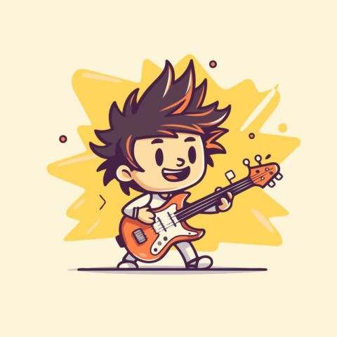 Cute boy playing electric guitar. Vector illustration in cartoon