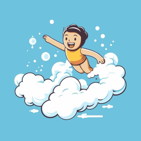 Vector illustration of a cute girl swimming in the clouds. Carto