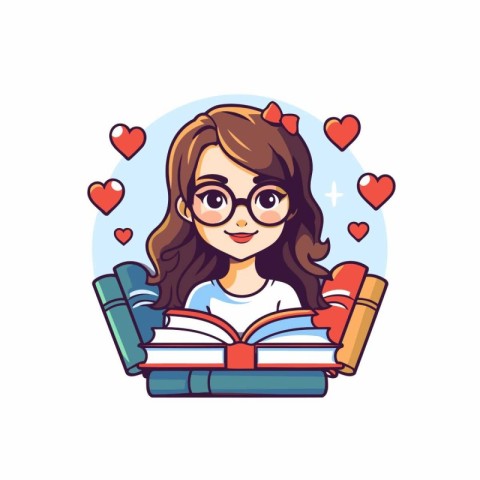 Cute girl with glasses and books. Vector illustration in a flat