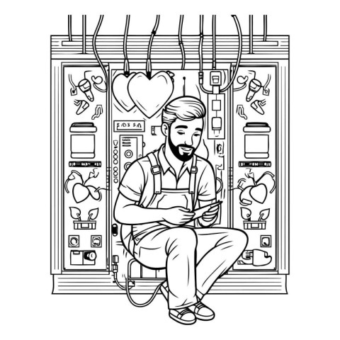 Sketch of a man with a smartphone in his hands sitting in front