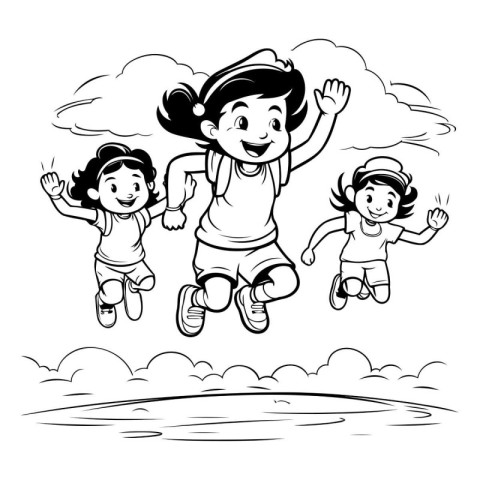 Happy kids jumping and running in the sky. black and white vecto