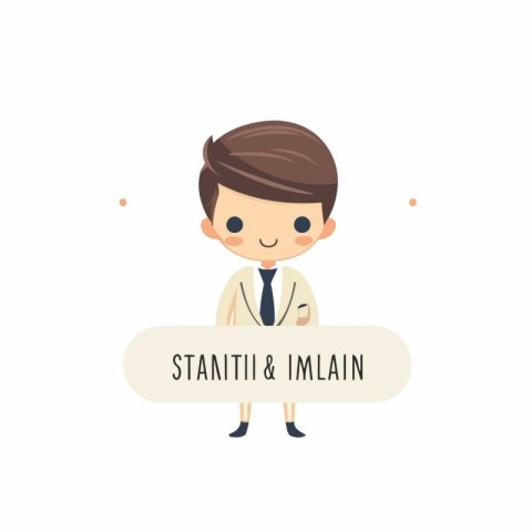 Businessman holding a signboard with text stay at home. Vector i