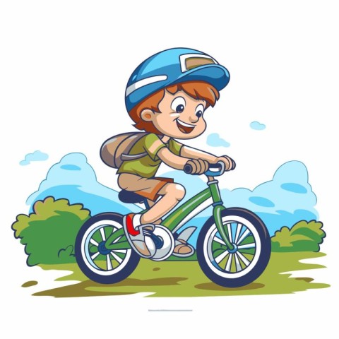 Boy in helmet riding a bicycle in the park. Vector illustration.