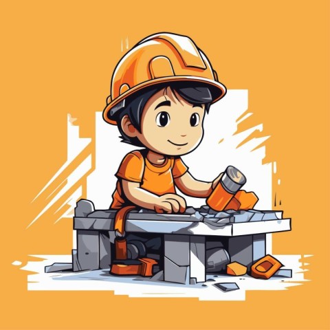 Illustration of a Kid Boy Wearing a Hard Hat Building a Wall