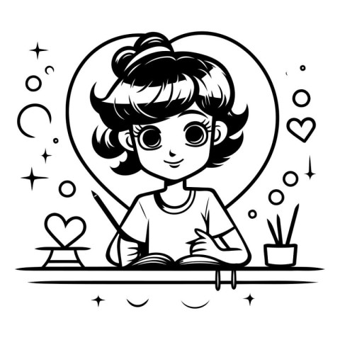 Cute cartoon girl doing her homework. Black and white vector ill