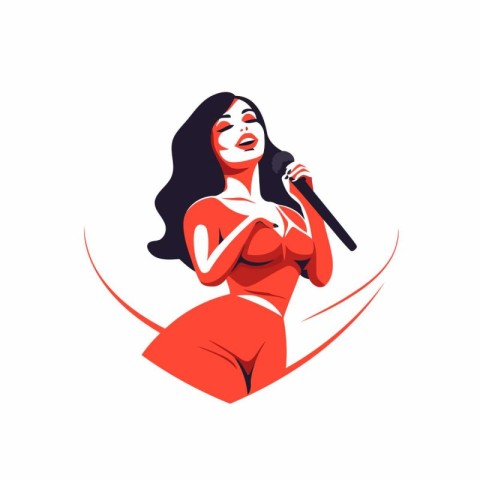 Singer girl in red swimsuit with microphone. Vector illustration