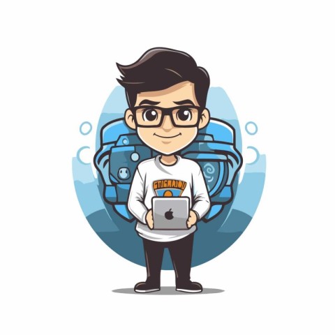 Cute boy holding a tablet computer. Vector illustration in carto