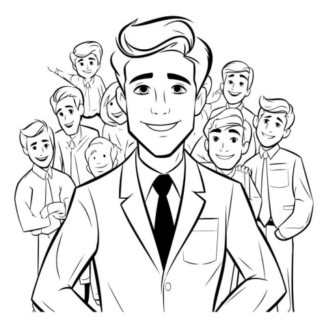 Businessman with group of people. Vector illustration. Coloring