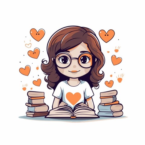 Cute little girl in glasses reading a book. Vector illustration.