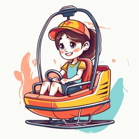 Cute cartoon little girl driving a bumper car. Vector illustrati