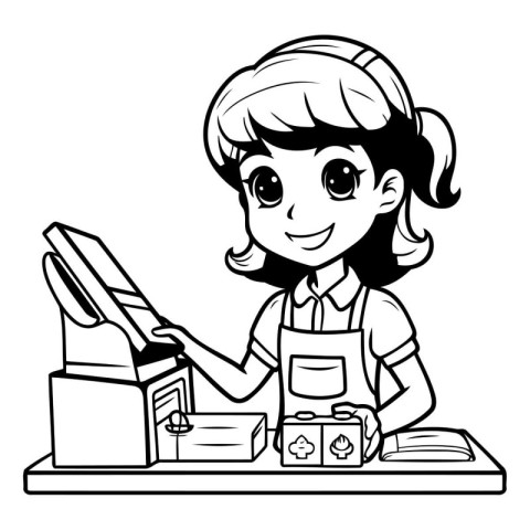 Black and White Cartoon Illustration of Female Cashier or Cashie